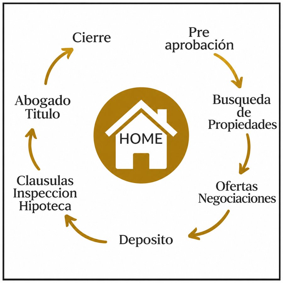 Diagrama circular del proceso de compra de una casa en Canadá: preaprobación, búsqueda de propiedades, ofertas y negociaciones, depósito, cláusulas e inspección e hipoteca, abogado y título, cierre